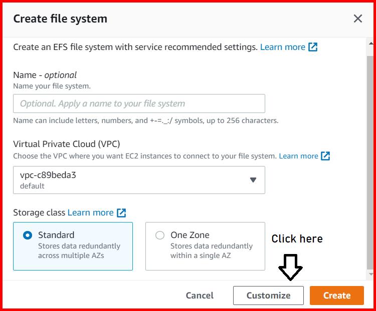 Picture showing the customize button while creating the file system